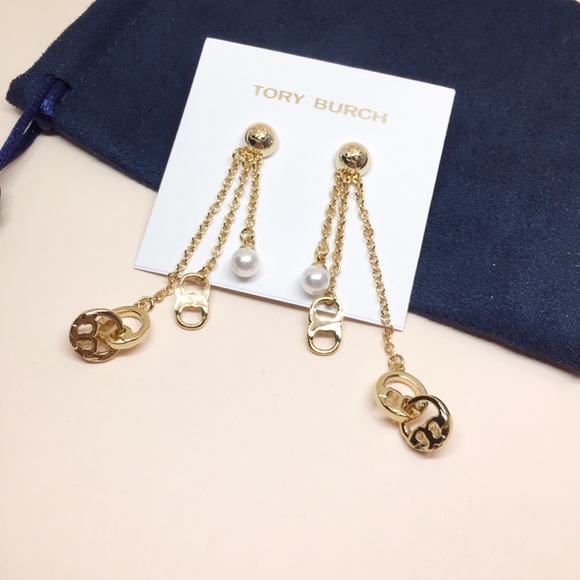 NWT Tory Burch Pearl Tassels Logo Earrings - Picture 3 of 5